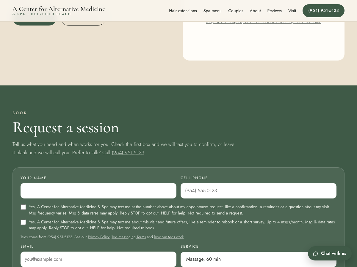 The request form with the text message consent box, shown unchecked
