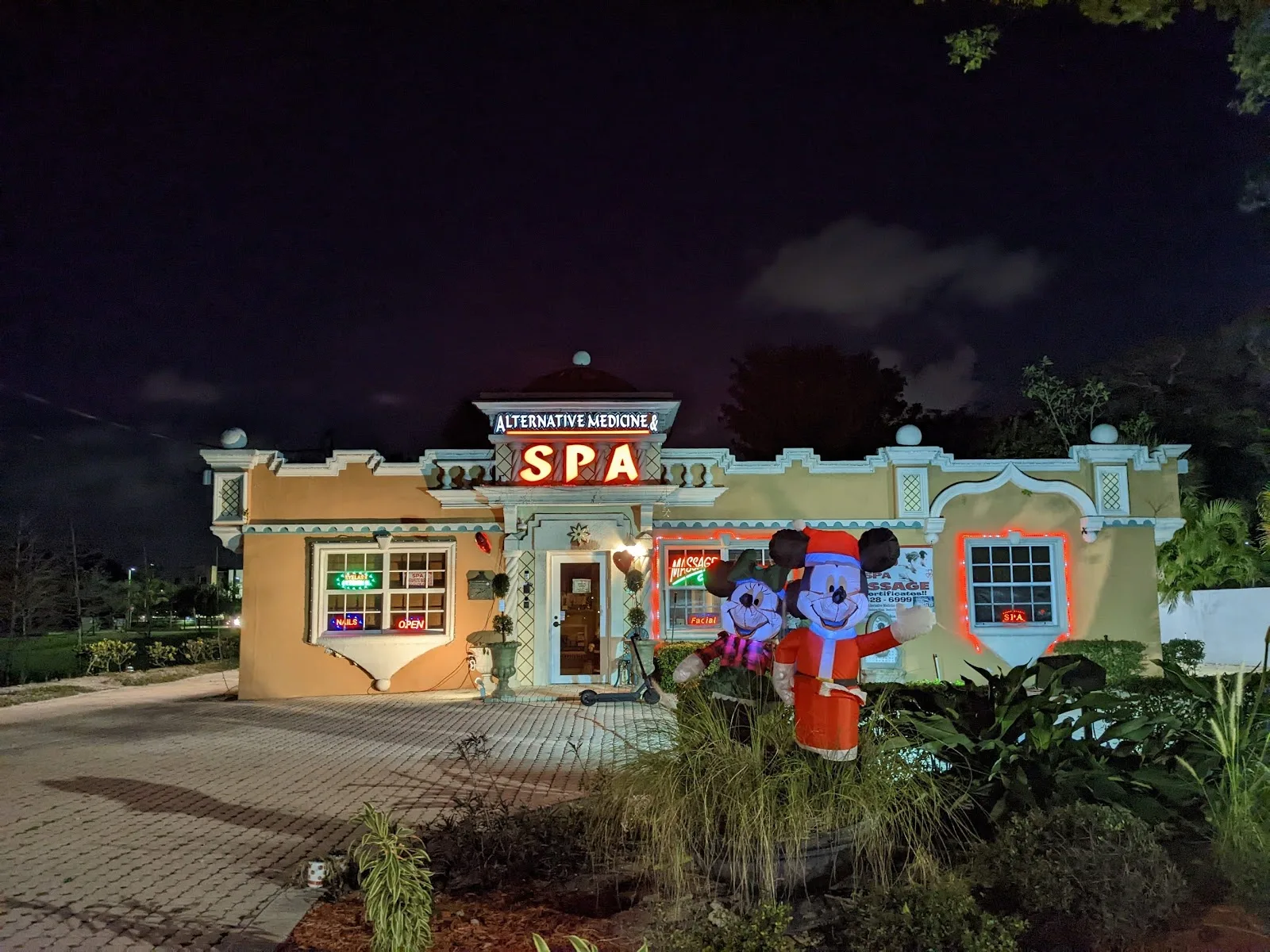 The spa lit up at night